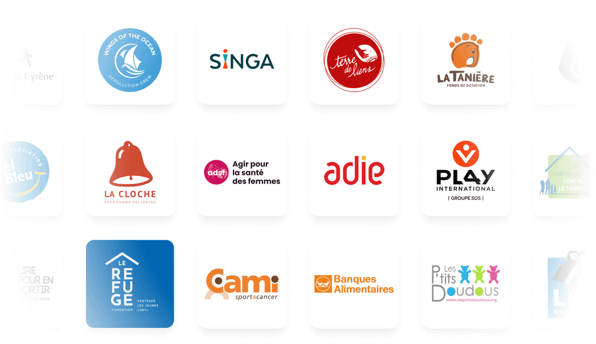 Une grille de logos d’associations partenaires de Charitips