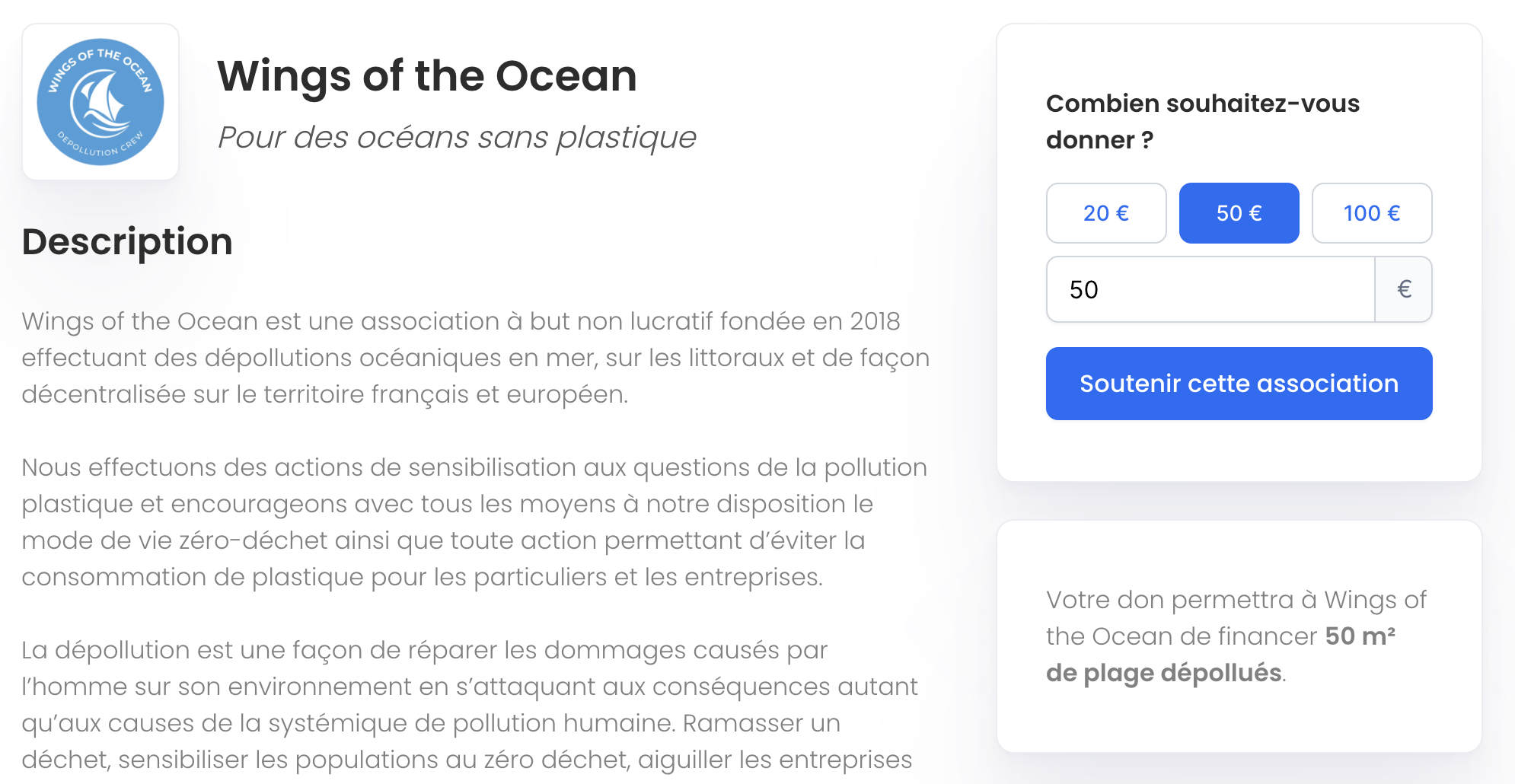 The amount and the charity chosen in the widget